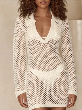 Monday Swimwear Newport Cream Crochet Long-Sleeve Swim Cover-Up Dress